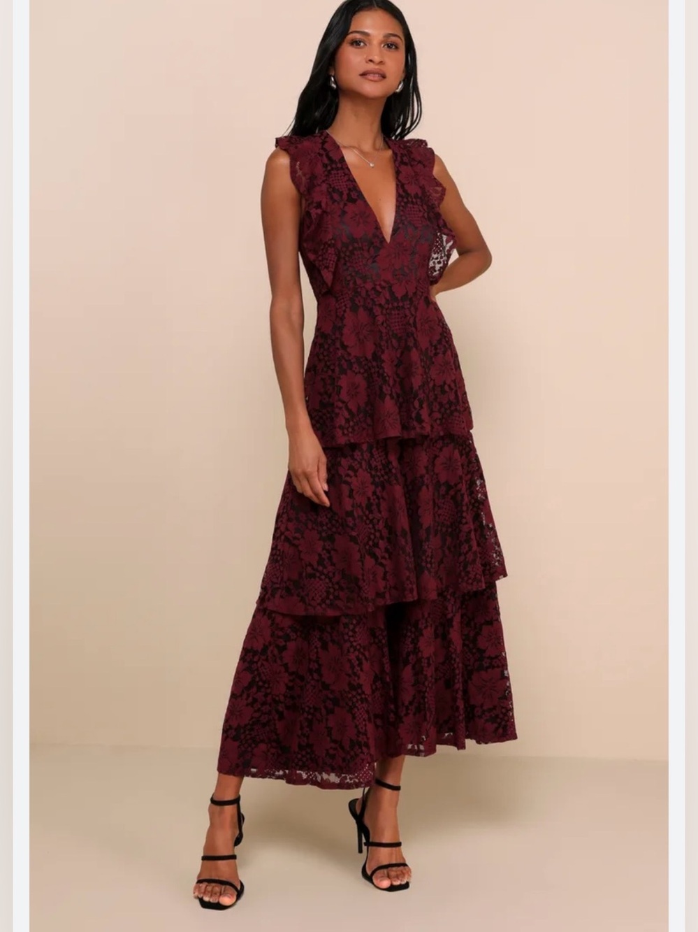 Lulu's Burgundy Lace Tiered V-Neck Maxi Dress - Picture 1 of 5